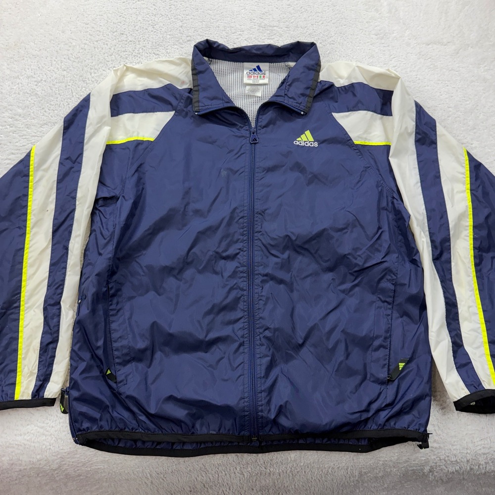Vintage Adidas Windbreaker Jacket Mens Large Navy Blue White Neon Full Zip 90s